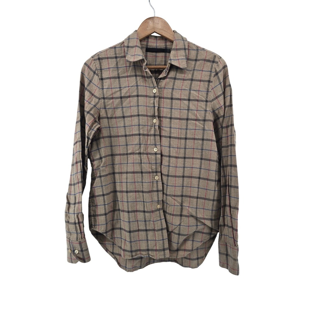 Jenni Kayne Button Down Shirt Women XS Tan Plaid Cotton Herringbone 683-6910-D22